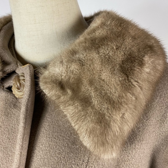 VINTAGE Regal Mode Fur Trim Long Wool Coat Taupe - Picture 2 of 12